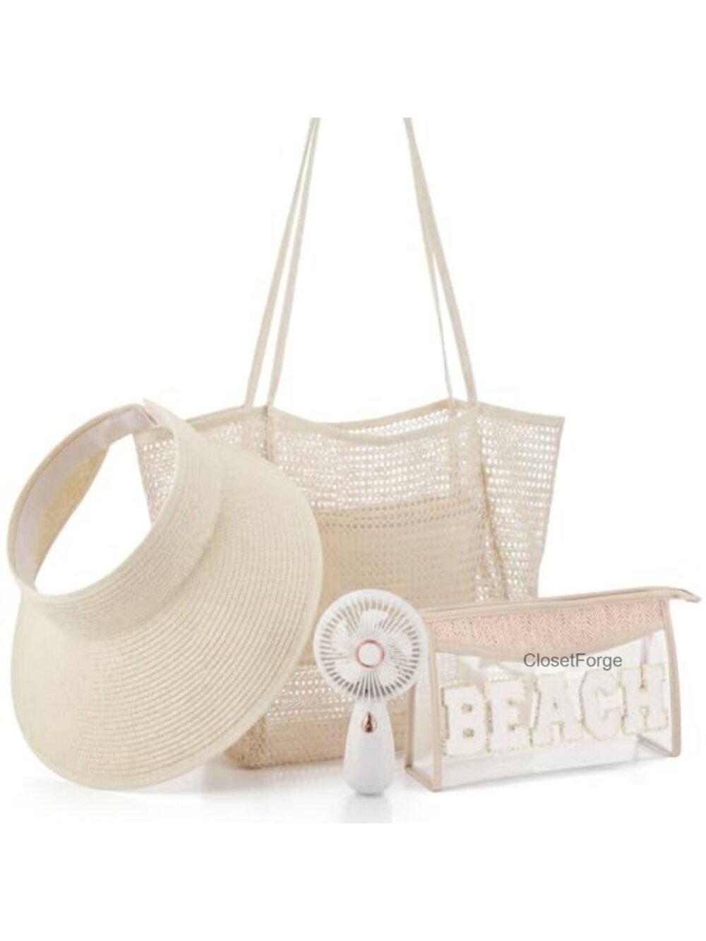 Mesh Beach Tote 4-Piece Summer Essential Gift Set with Straw Hat and Fan